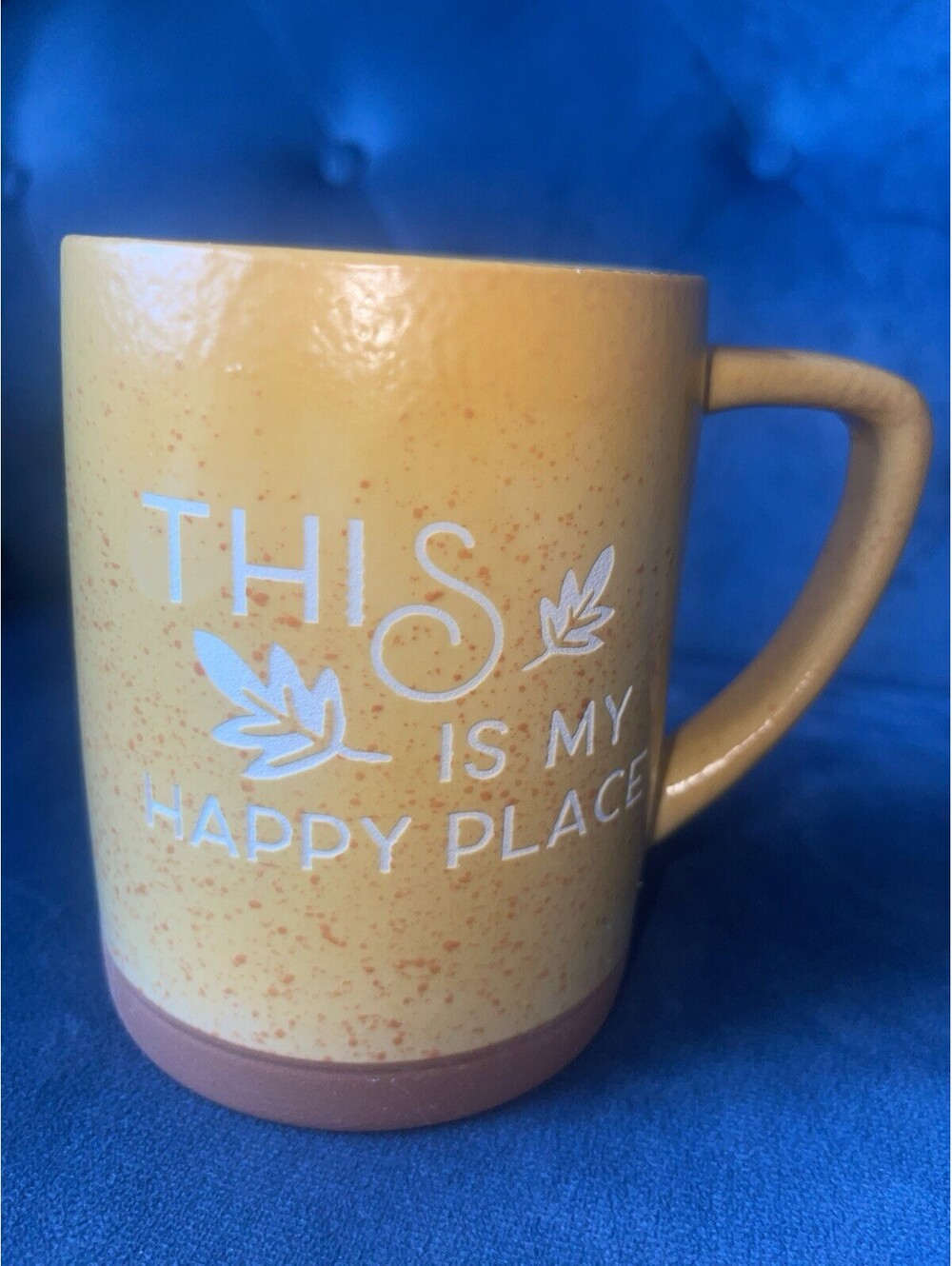 Place & Time Coffee Mug Yellow This Is My Happy Place Handle Large Speckled EUC
